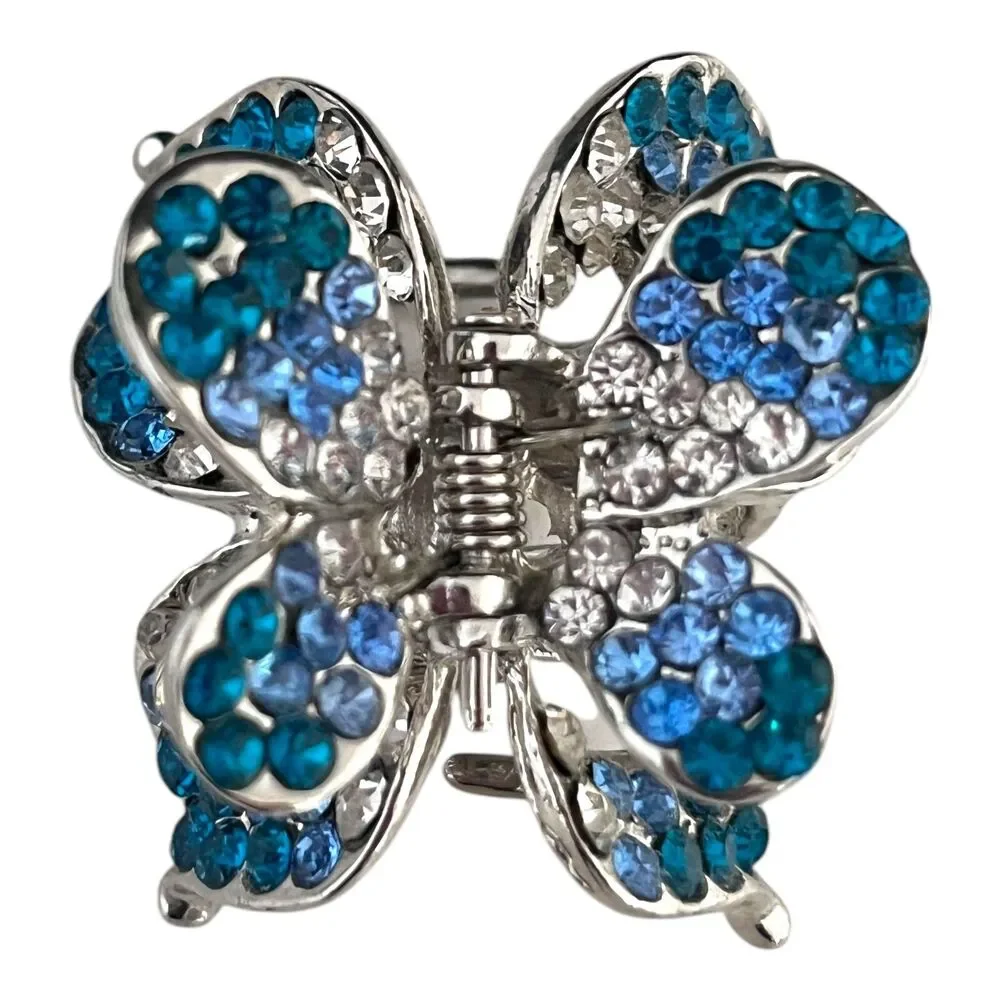 Vintage 1980s Hair Clip Silver Tone Blue Crystal Butterfly Barrette - 11Q